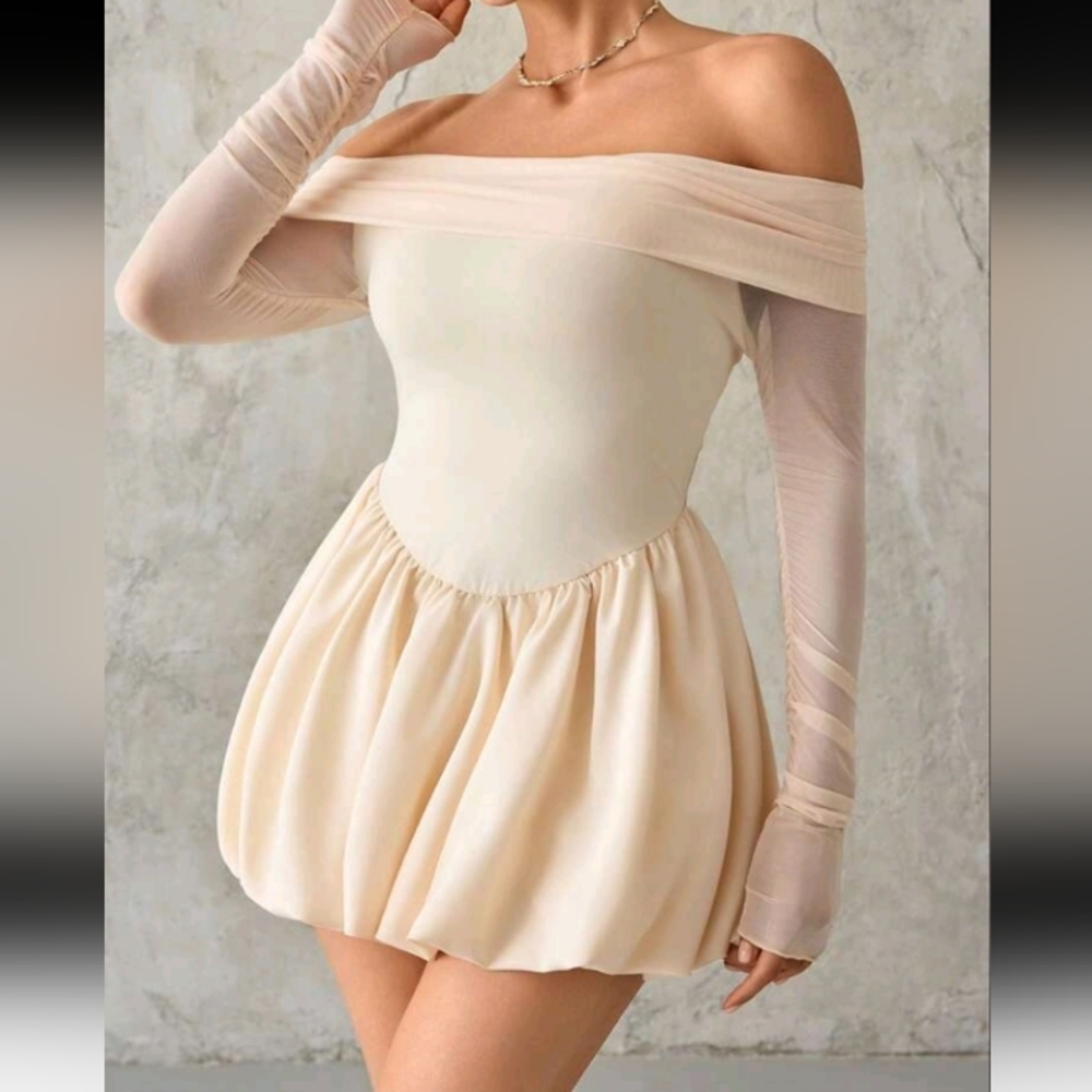 Women's Off-Shoulder Mesh Long Sleeve Dress With Flounced Hem - Picture 4 of 5